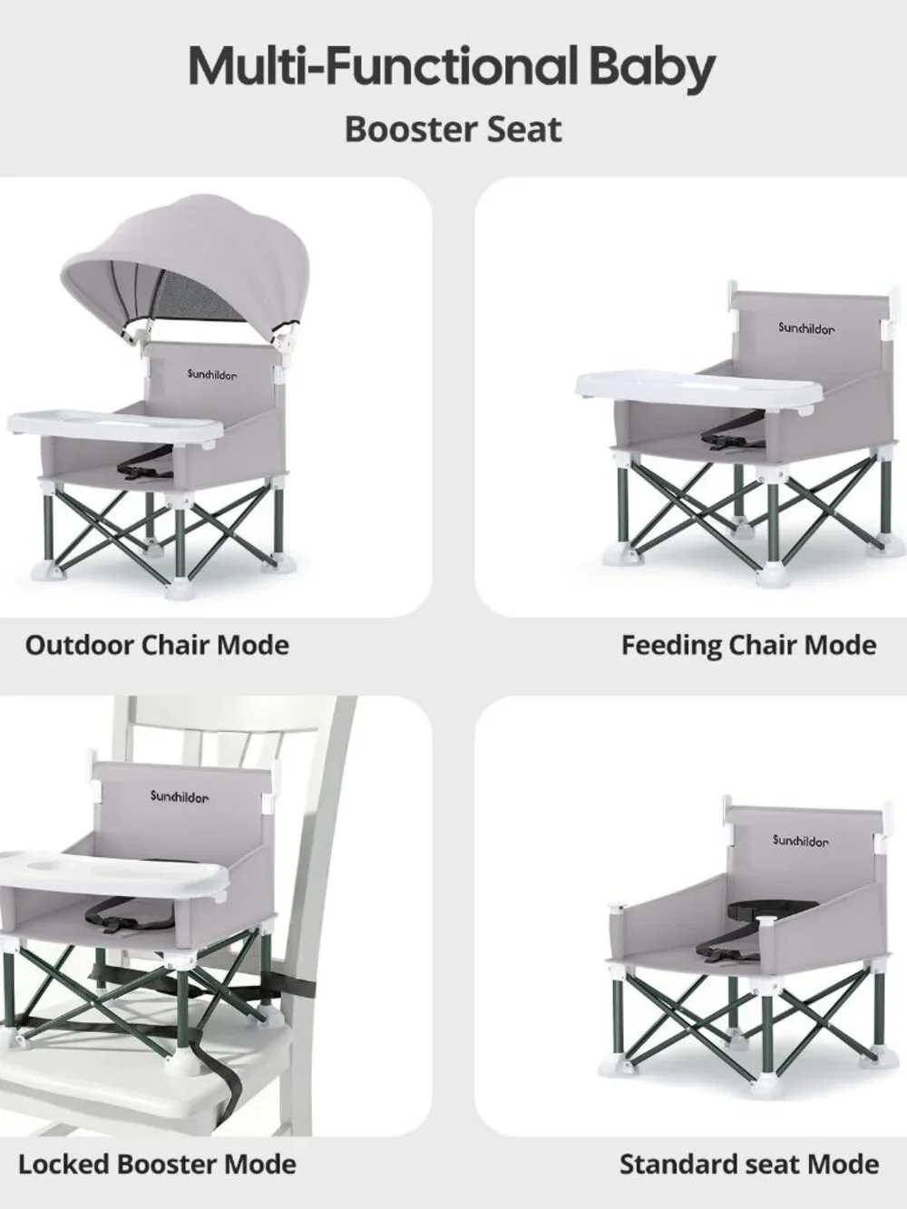 Baby Booster Seat Gray Foldable Removable Canopy Sunchildor